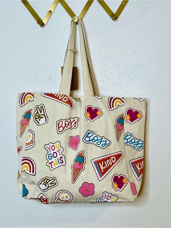 Handbags - 🪩 Canvas Tote Bag with Positive Patch Print 15x15x6” 12” Strap Drop